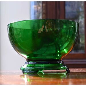 Anchor Hocking Forest Green Punch Bowl w/ Pedestal Stand Mid Century - 10" Tall